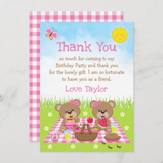Teddy Bears Picnic Birthday Pink Gingham Dankeskarte (Vorne/Hinten)