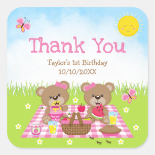 Teddy Bears Picnic Birthday Pink Gingham Vielen Da Quadratischer Aufkleber