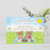 Teddy Bear's Picnic Blue Gingham Birthday Einladung (Stehend Vorderseite)