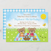 Teddy Bear's Picnic Blue Gingham Birthday Einladung (Vorne/Hinten)