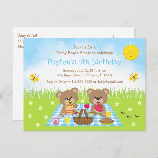 Teddy Bear's Picnic Blue Gingham Birthday Postkarte (Vorne/Hinten)