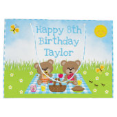 Teddy Bears Picnic Blue Gingham Happy Birthday Große Geschenktüte (Rückseite)