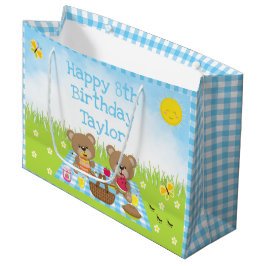 Teddy Bears Picnic Blue Gingham Happy Birthday Große Geschenktüte