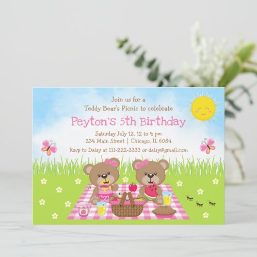 Teddy Bear's Picnic Pink Gingham Birthday Einladung (Stehend Vorderseite)