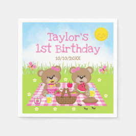 Teddy Bears Picnic Pink Gingham Birthday Party Serviette