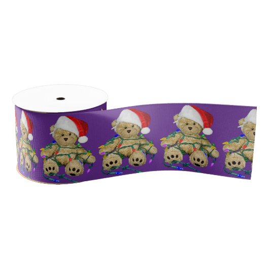 Teddy Bears Tangled In Christmas Lights On Purple Ripsband (Spule)