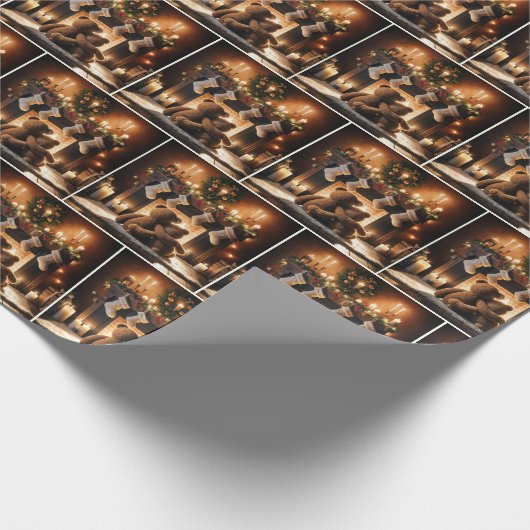 Teddy Bears vor einem Weihnachtsfeuer Geschenkpapier (Ecke)