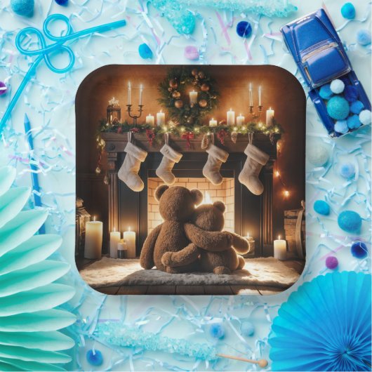 Teddy Bears vor einem Weihnachtsfeuer Pappteller (Party)