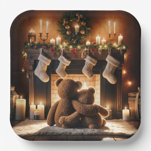 Teddy Bears vor einem Weihnachtsfeuer Pappteller (Vorderseite)