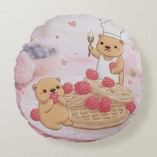 Teddy Bears & Waffles Rundes Kissen (Vorderseite)