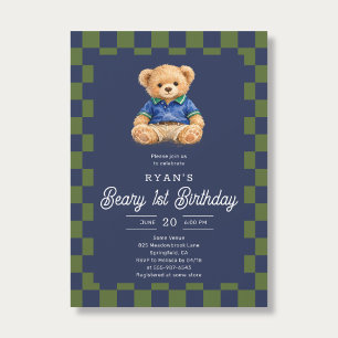 Teddy Beary 1. Geburtstag Karo Blau Grün Einladung