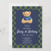Teddy Beary 1st Birthday Checkboard Blue Green Einladung (Vorderseite)