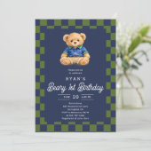 Teddy Beary 1st Birthday Checkboard Blue Green Einladung (Stehend Vorderseite)