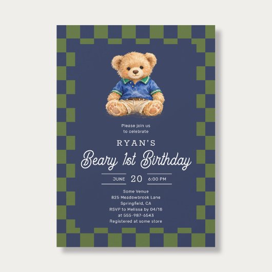 Teddy Beary 1st Birthday Checkboard Blue Green Einladung