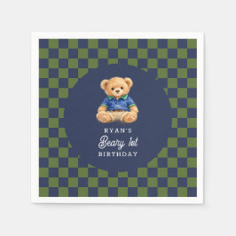 Teddy Beary 1st Birthday Checkboard Paper Napkin Serviette