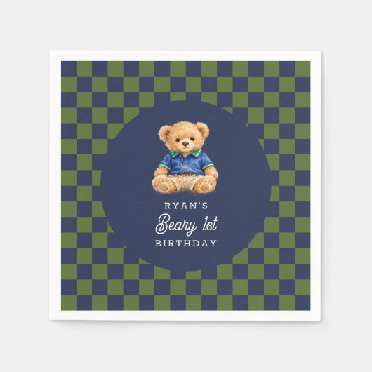 Teddy Beary 1st Birthday Checkboard Paper Napkin Serviette (Vorderseite)
