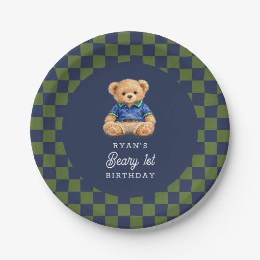 Teddy Beary 1st Birthday Checkboard Retro Pappteller (Vorderseite)