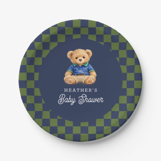 Teddy Beary Checkboard Retro Baby Shower Pappteller (Vorderseite)