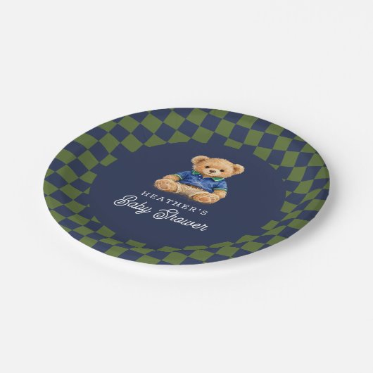 Teddy Beary Checkboard Retro Baby Shower Pappteller (Schrägansicht)