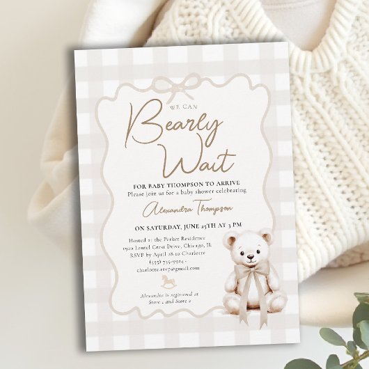 Teddy Bow Neutral Gingham Bearly Wait Baby Shower Einladung