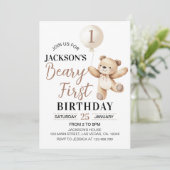 Teddy Brown Balloon Beary First Birthday Einladung (Stehend Vorderseite)