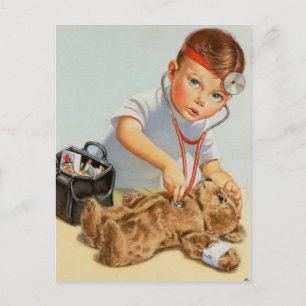 Teddy-Check-up - Süße Vintage-Kunst Gute Besserung Postkarte
