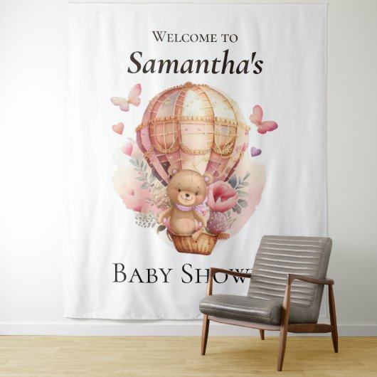 Teddy Foral Girl Balloon Babydusche Hintergrund Wandteppich (Beispiel)