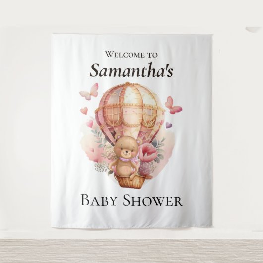 Teddy Foral Girl Balloon Babydusche Hintergrund Wandteppich (Vorderseite)