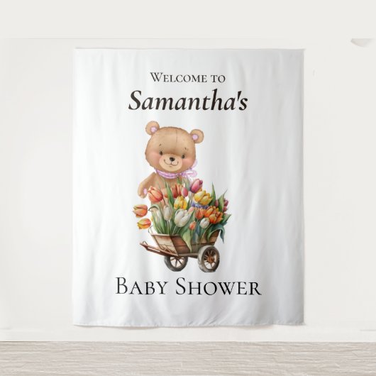 Teddy Foral Girl Rustic Baby Dusche Hintergrund Wandteppich (Vorderseite)