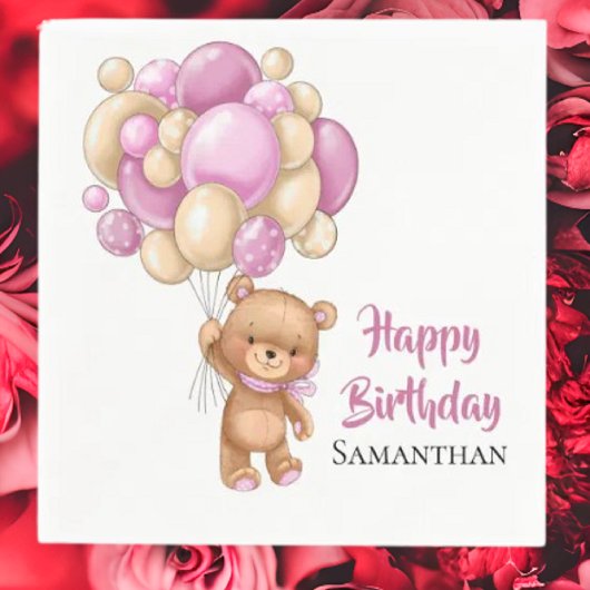 Teddy Girl Happy Birthday - White Serviette