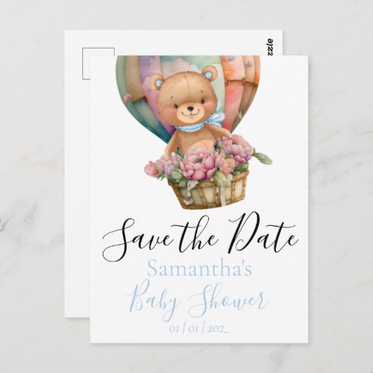 Teddy Hot Air Ballon Babydusche Save the Date Postkarte (Vorne/Hinten)