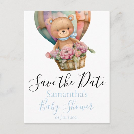 Teddy Hot Air Ballon Babydusche Save the Date Postkarte (Vorderseite)