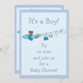Teddy in Flugzeug & Clothesline Blue Boy Baby Dusc Einladung (Vorne/Hinten)