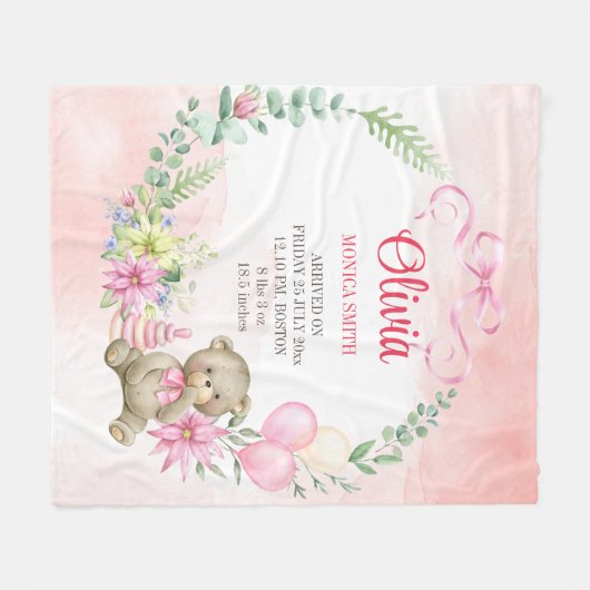 Teddy mit Blumenbogen Babystatustuch Fleecedecke (Vorderseite (Horizontal))