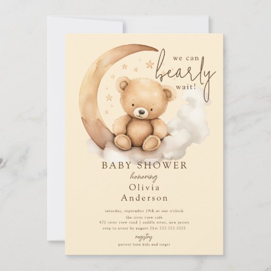 Teddy Moon Baby Shower Einladung (Vorderseite)