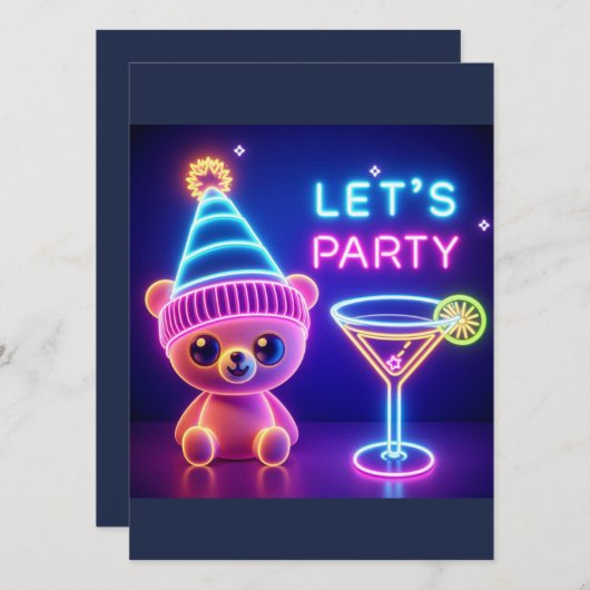 Teddy Party Time Neon Pink Einladung (Vorne/Hinten)