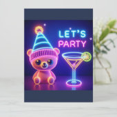 Teddy Party Time Neon Pink Einladung (Stehend Vorderseite)