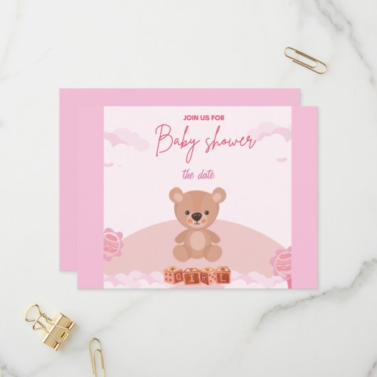 Teddy Pink Bear Girl Warten Baby Dusche Einladung (Vorderseite/Rückseite Beispiel)