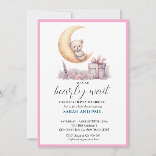 Teddy Pink Bear We Can Bearly Wait Einladung (Vorderseite)
