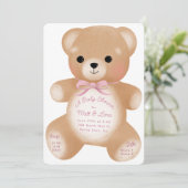 Teddy Pink Bow Baby Dusche Einladung (Stehend Vorderseite)