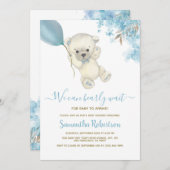 Teddy Polar Bear Blue Balloon Babydusche Einladung (Vorne/Hinten)