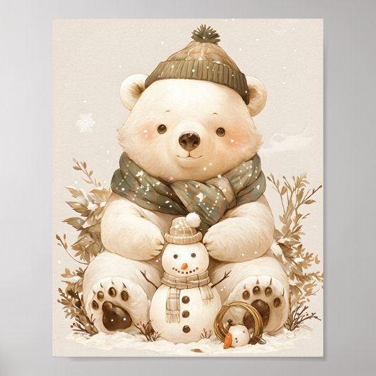 Teddy Polar Bear & Snowman Nursery Wall Art Poster (Vorne)