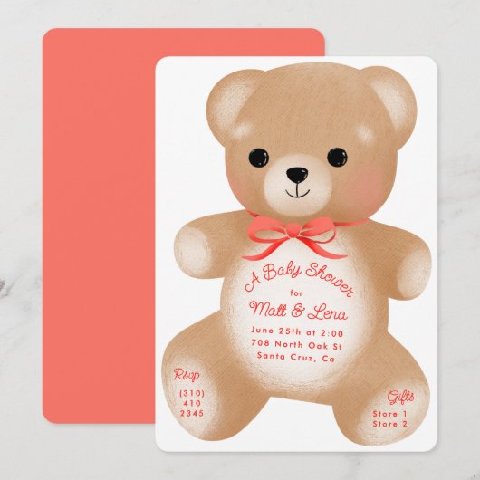 Teddy Red Bow Baby Shower Einladung (Vorne/Hinten)