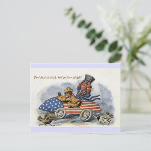 Teddy Roosevelt & Uncle Sam im Patriotischen Auto Postkarte (Stehend Vorderseite)