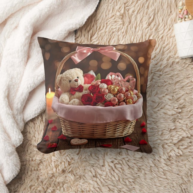 Teddy Rose Basket Romantic Valentine Decorative Kissen (Decke)