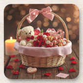 Teddy Rose Basket Romantic Valentine Heart Drink Getränkeuntersetzer (Vorderseite)