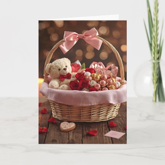 Teddy Rose Basket Romantic Valentine Love Greeting Karte (Vorderseite)
