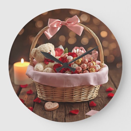 Teddy Rose Basket Romantic Valentines Decorative Große Wanduhr (Vorderseite)