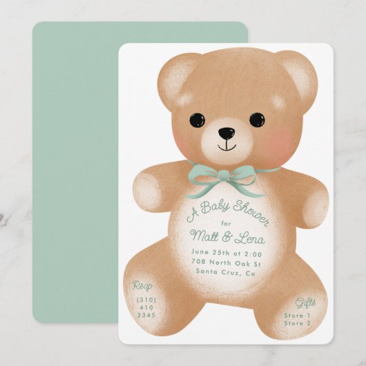 Teddy Sage Green Bow Baby Dusche Einladung (Vorne/Hinten)