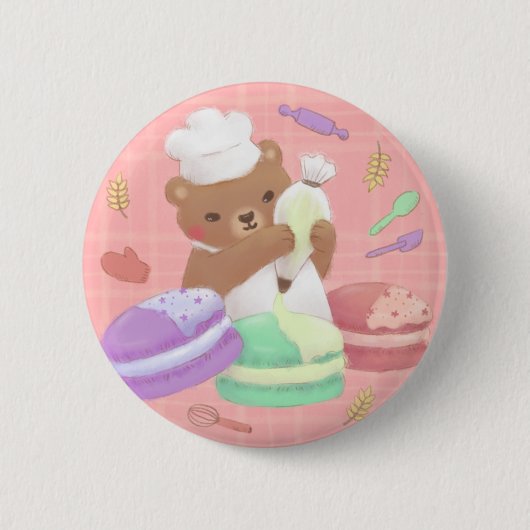 Teddy the Baker mit Macarons Button (Vorderseite)